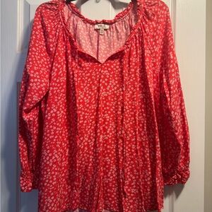 Per Se Red Ruffled Long Sleeve Blouse